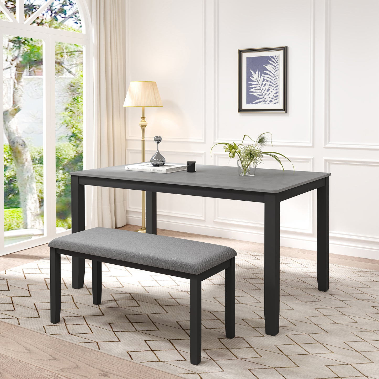 6-Piece Wooden Dining Table Set with Upholstered Chairs and Bench