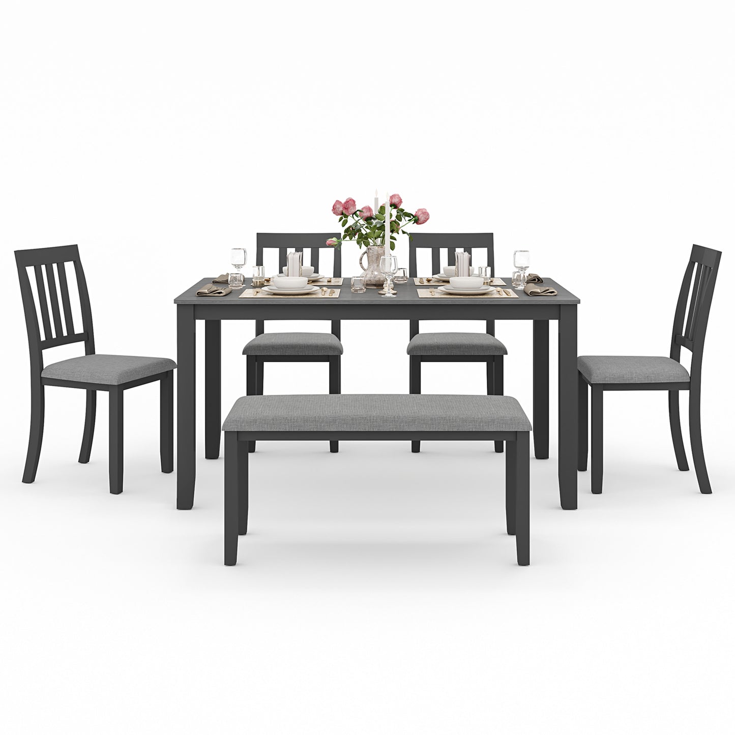 6-Piece Wooden Dining Table Set with Upholstered Chairs and Bench