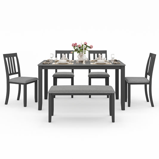 6-Piece Wooden Dining Table Set with Upholstered Chairs and Bench