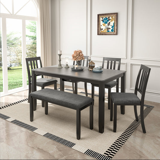 6-Piece Wooden Dining Table Set with Upholstered Chairs and Bench