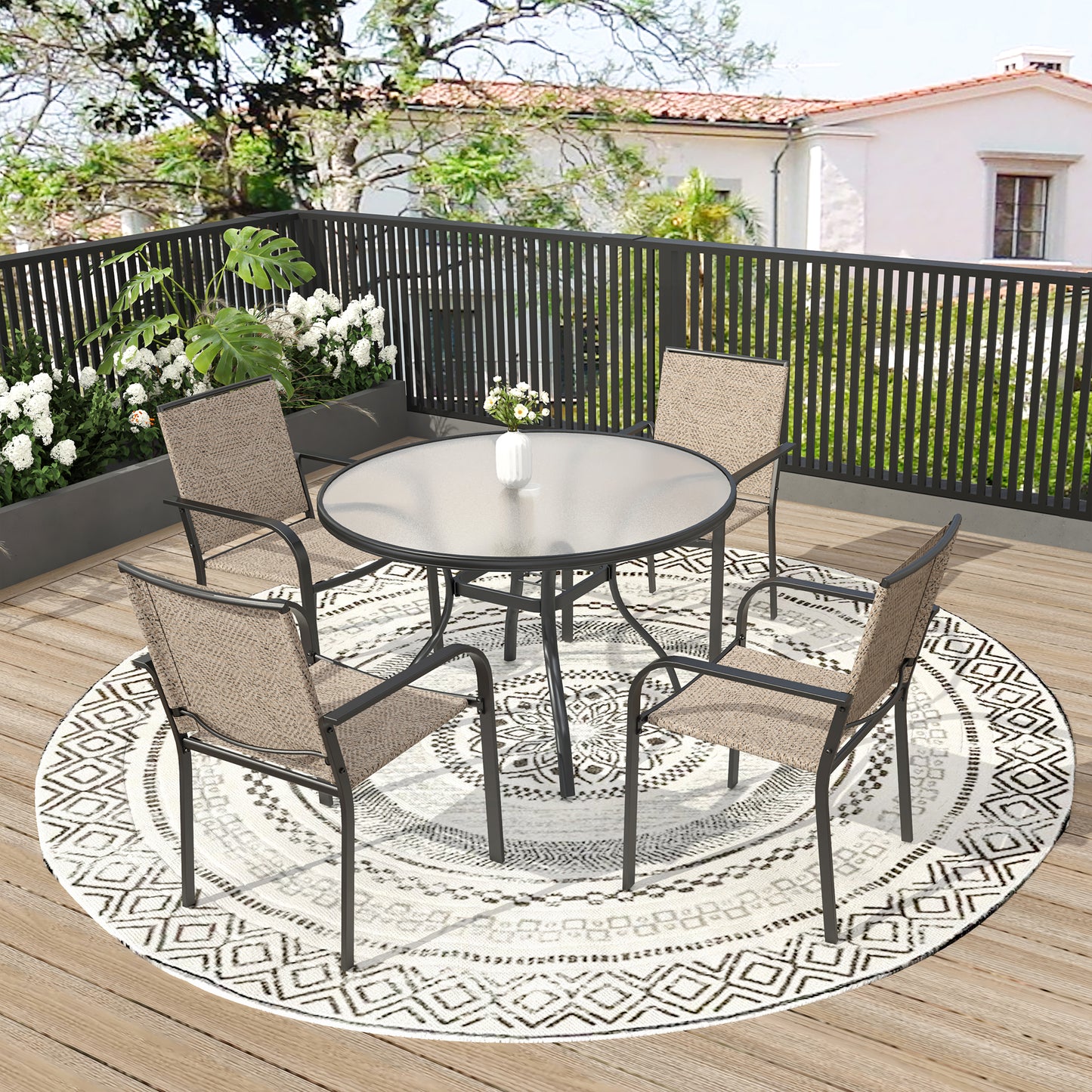 Patio 40" Round Glass Table and  Stackable Chairs Set of 5