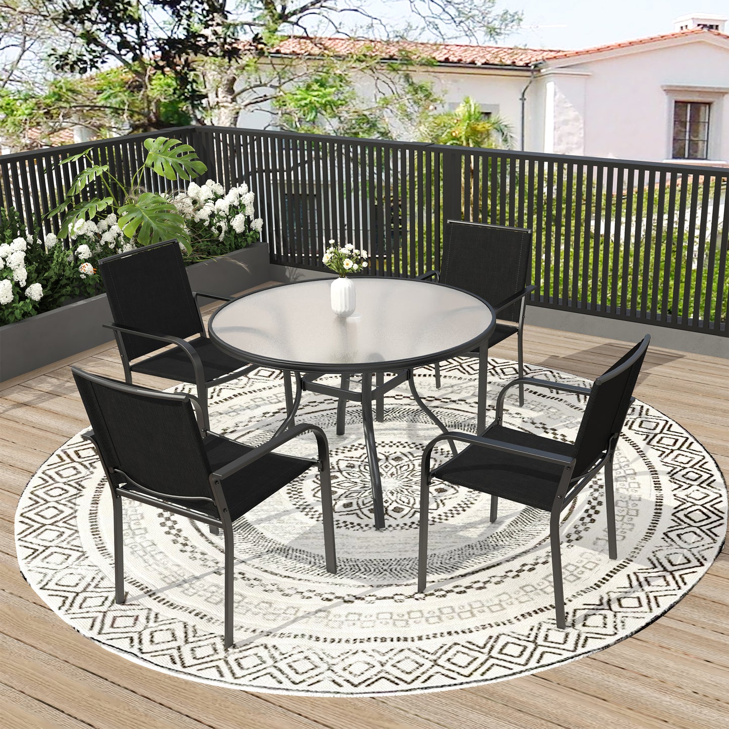Patio 40" Round Glass Table and  Stackable Chairs Set of 5