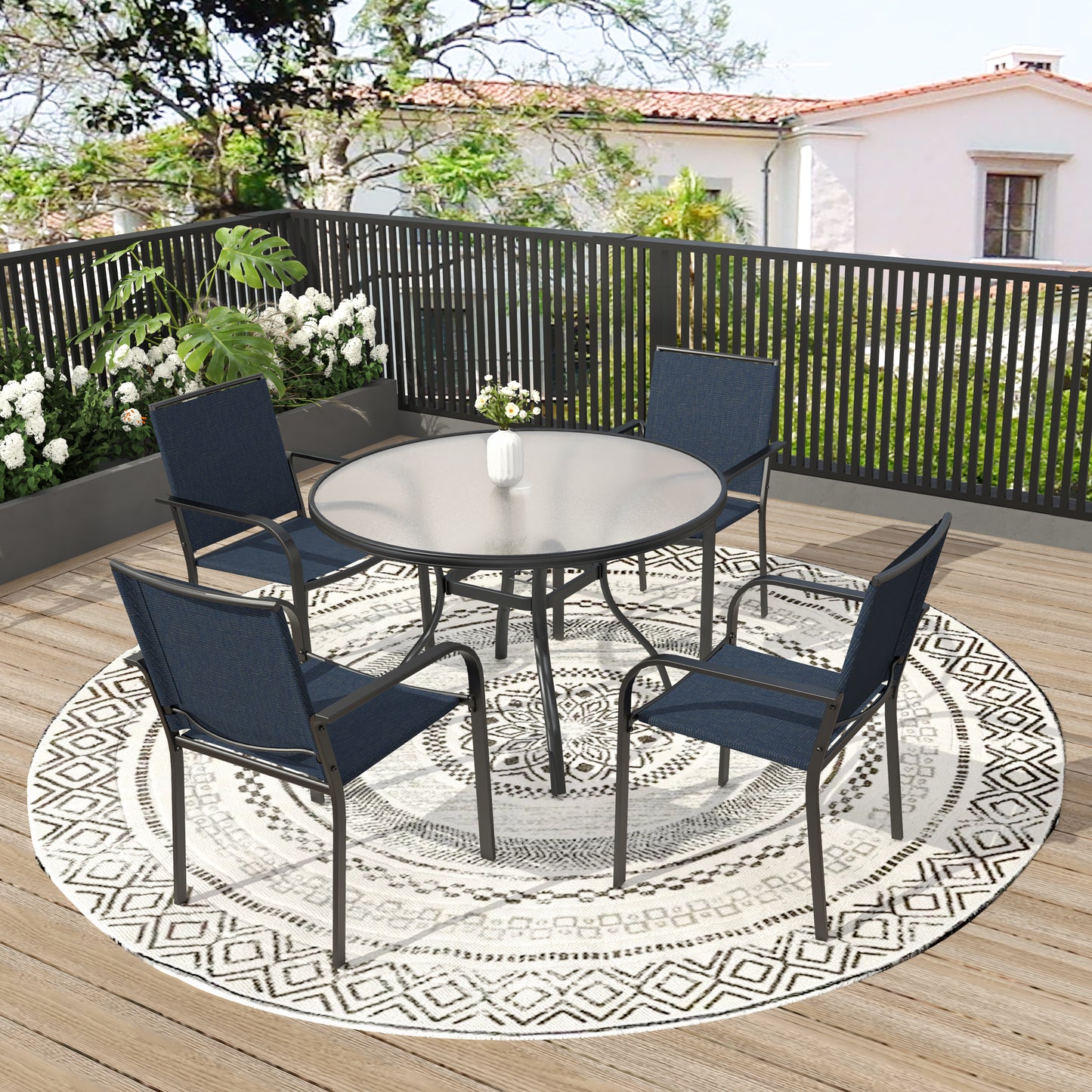 Patio 40" Round Glass Table and  Stackable Chairs Set of 5
