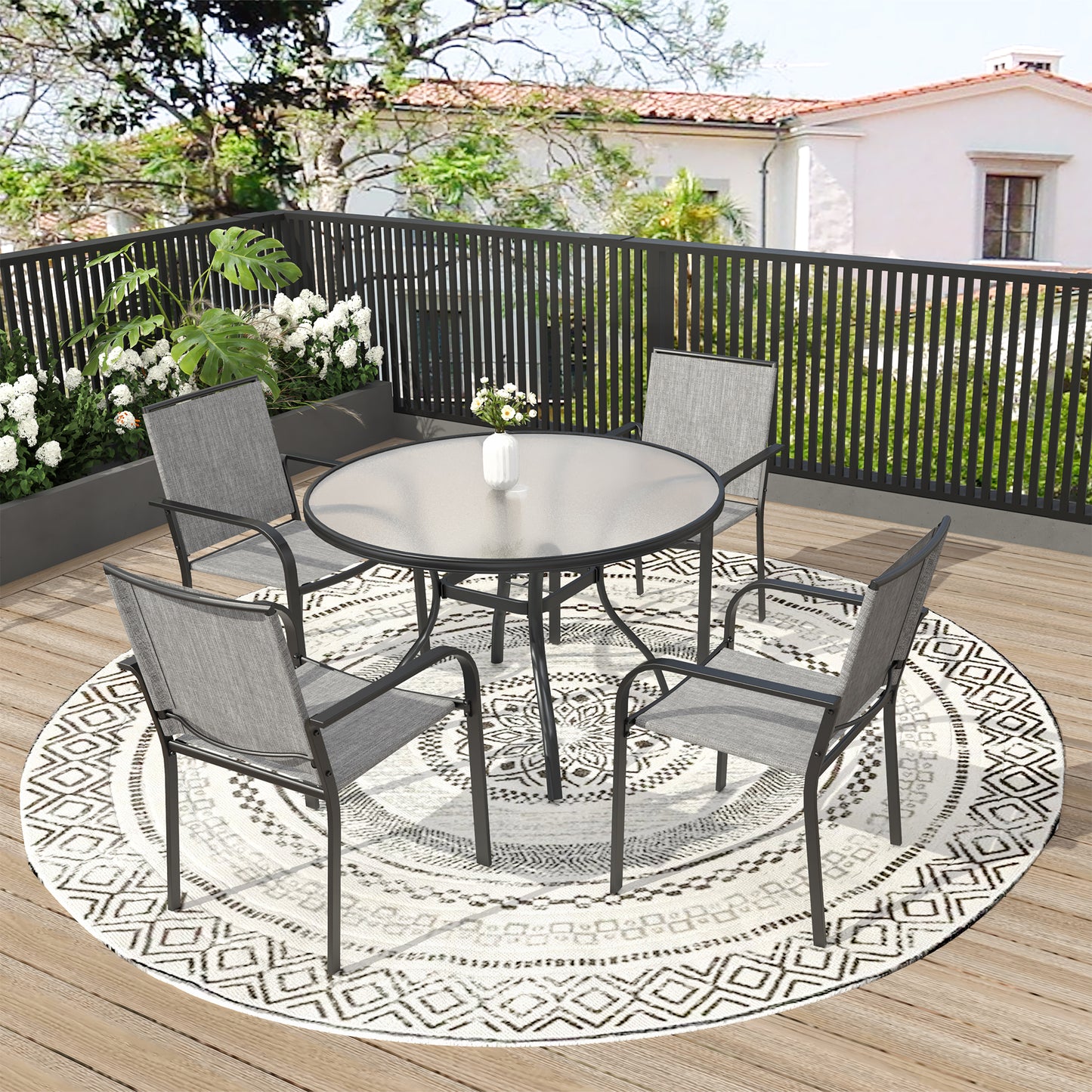 Patio 40" Round Glass Table and  Stackable Chairs Set of 5