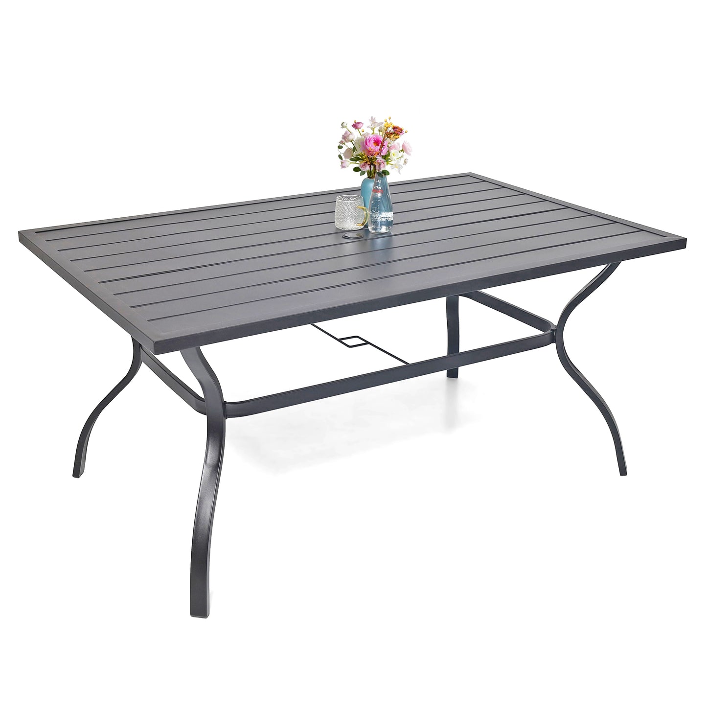 Mesa de comedor rectangular para patio de 63" x 38" con orificio para sombrilla 