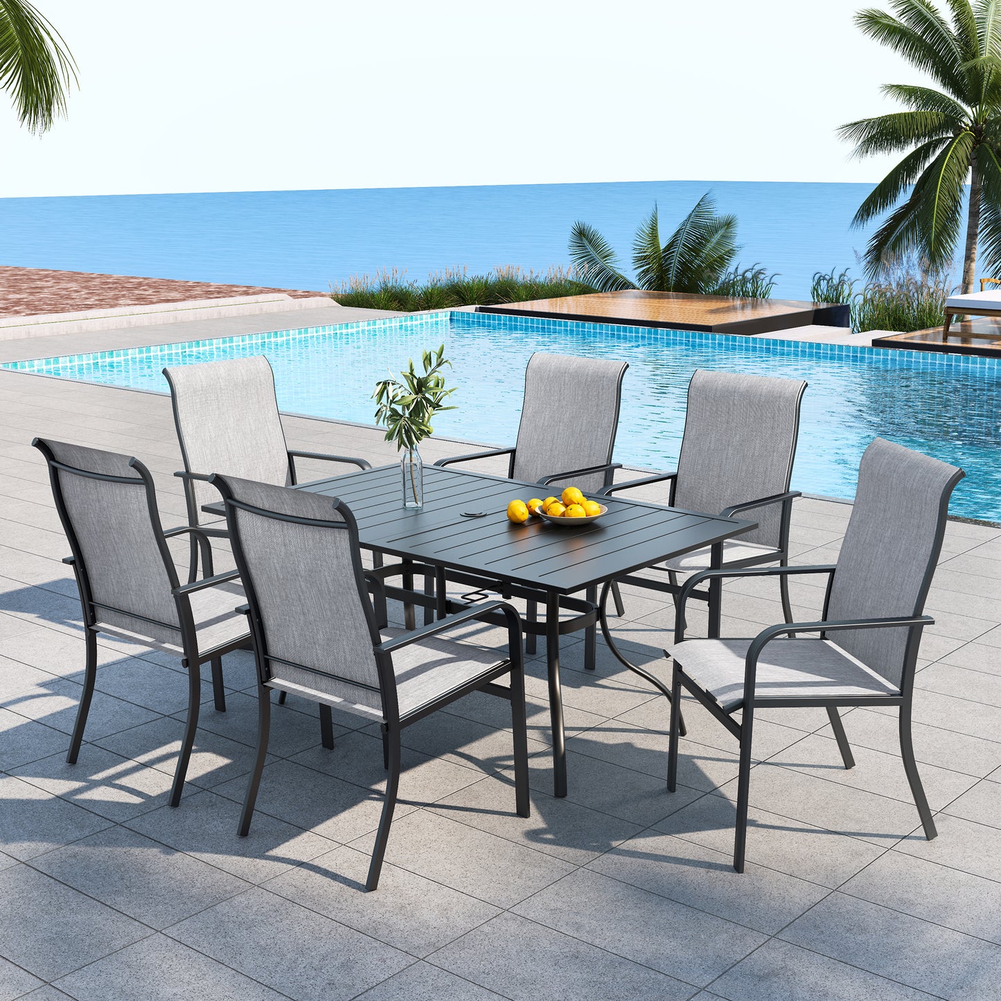 Patio 63" x 38" Rectangle Table and High Back Chairs Set of 7