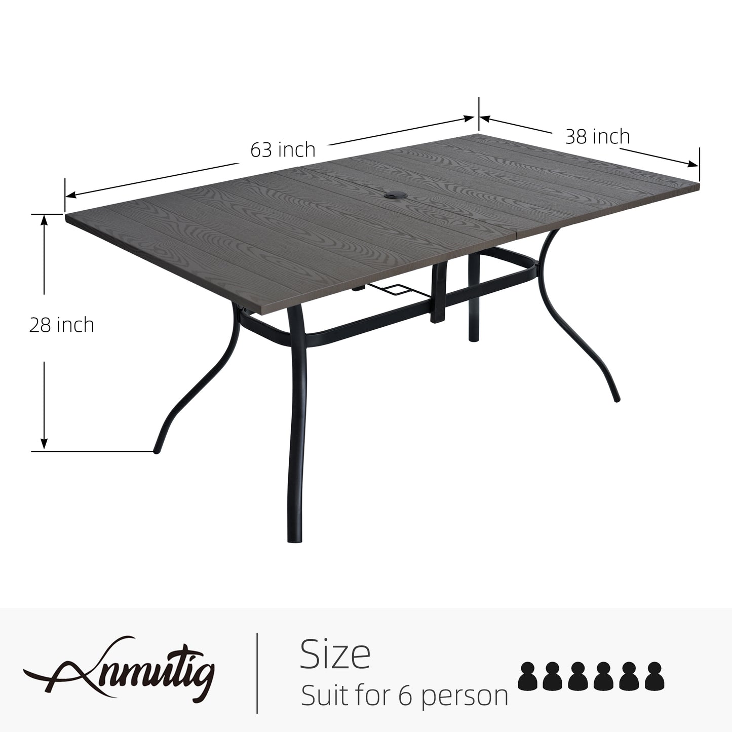 Mesa de comedor rectangular para patio de 63" x 38" con orificio para sombrilla 