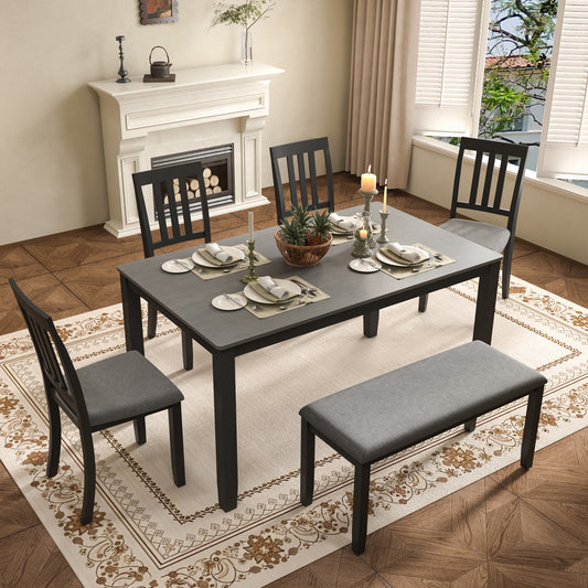 6-Piece Wooden Dining Table Set with Upholstered Chairs and Bench